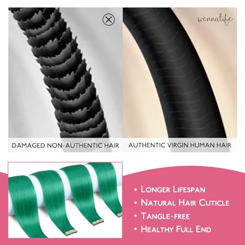 Image of WENNALIFE Tape in Hair Extensions Human Hair Green Tape in Extensions, 10pcs 30g 22 inch Remy Invisible Tape Ins Straight Colored Soft Real Human Hair Tape in Extensions Refill Set Extensions