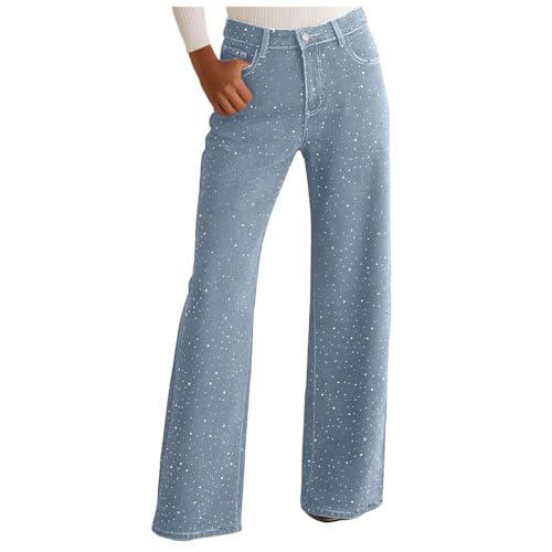 DACONGMING Glitzer Jeans Damen Wide Leg Lang Jeans mit Strasssteinen...