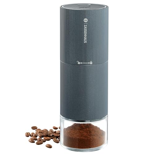 ZASSENHAUS elektrische Kaffeemühle MASTER USB, Coffee Grinder Edelstahl mit einstellbarem Mahlwerk, Hochleistungsmahlwerk, Espressomühle mit Akku, Graues geriffeltes Gehäuse, mit Auffangbehälter
