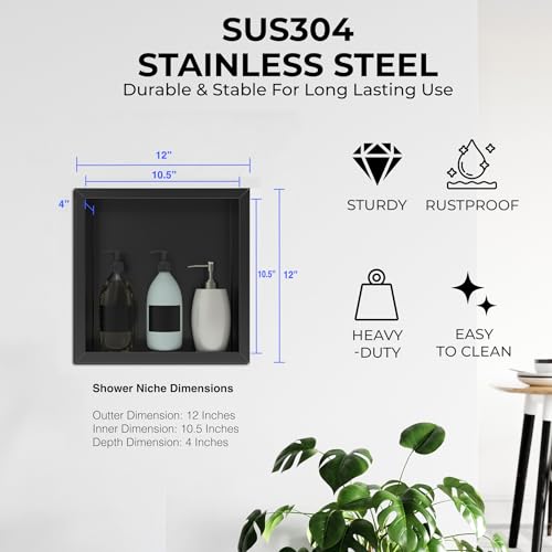 12"x12" Shower Niche Matte black stainless steel waterproof recessed wall mounted Insert Storage Shower caddy with a 10.5"x10.5" inside storage usage, no tile needed - Image 3