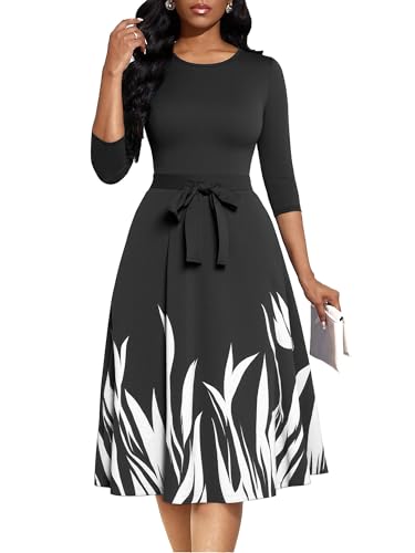 LaiyiVic Midi Dresses for Women 3/4 Sleeve Crew Neck Church Knee Length A Line Swing Summer Dress