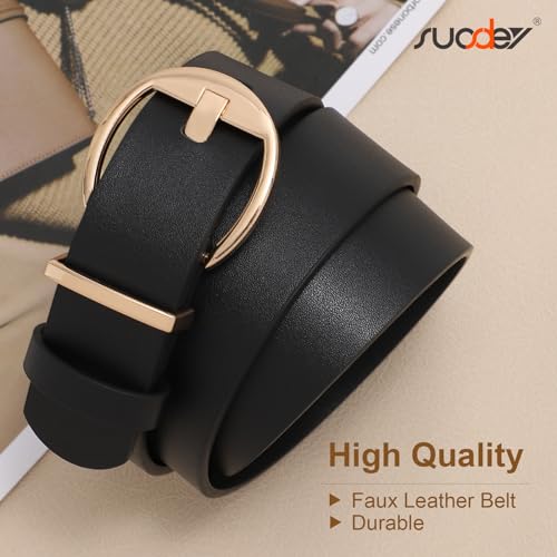 Image of SUOSDEY 2 Pack Fashion Womens Leather Belts Black Brown Ladies Belt with Gold Buckle for Jeans Pants Dresses, B-black+coffee, fits waist from 30 inch-33 inch