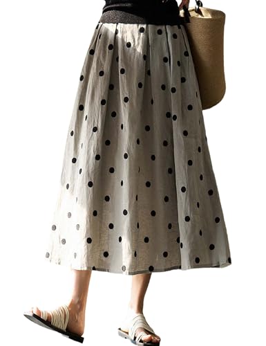 Linen Polka Dots Skirt Women Casual A-Line Midi Skirts 2025 Comfy Flowy Swing Long Skirts with Pockets