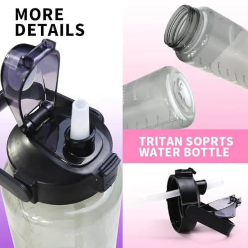 Image of 2L Transparent Motivational Water Bottle with Straw & Time Marker | Leak Proof BPA Free Sports Drinking Bottle for Gym, Office, School & College | Break Resistant with Belt Handle (Pink)