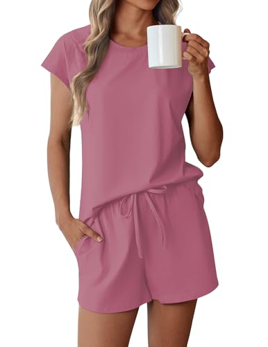 Image of Ekouaer Cotton Pajamas for Women Set 2 Piece Cap Sleeve Pjs Shorts Set Lounge Sets Sleepwear S-XXL