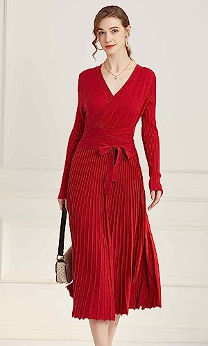 Image of Women's Long Sleeve Sweater Dress Ankle Length Fall Dress Vneck Knit Winter Dress