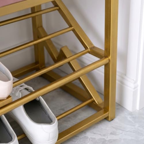 Image of Entryway Shoe Rack with Cushioned Seat, Shoe Bench for Entry, 2 Shelves Storage Bed Bench