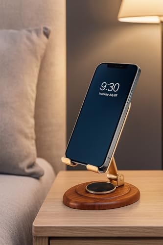 Image of 360 Degree Rotation Wooden Golden Premium Metal Mobile Holder for Desktop and Tables Adjustable Height and Angle Compatible with All Smartphones and Tablets 4-10 inch' Anti Slip Bracket Mobile Stand