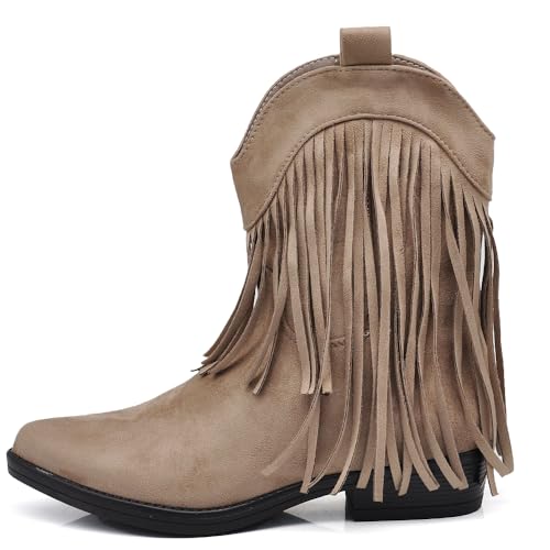 IF Texani Cowboy Western Zapatos de Mujer Botas Botines Flecos Camperos Étnicos ML523, 523 Taupe, 37 EU