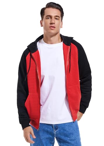 Men's Waffle Hoodie Full Zip Lightweight Jacket Plaid Long Sleeve Hooded Sweatshirt Hoodies with Kangaroo Pocket3