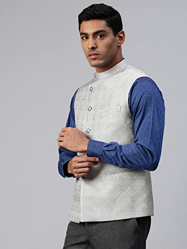 Image of MANQ Men Fawn Woven Jaquard Silk Nehru Jacket