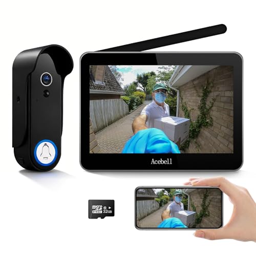 ACEBELL 1080P WiFi Visiophone Sans Fil,Interphone Vidéo Sans Fil avec Écran Tactile 7'', Étanche Sonnette de Camera ave Batterie Rechargeable, Vision...