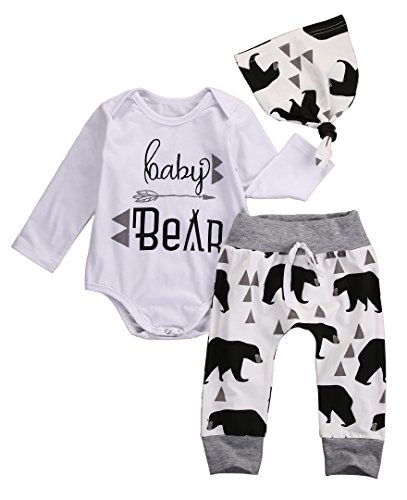 3Pcs Baby Boys Clothes Newborn Infant Toddler Arrow Letter Romper Bear Print Long Pants Hats Outfits Set (Long Sleeve Bear, 0-3 Months)