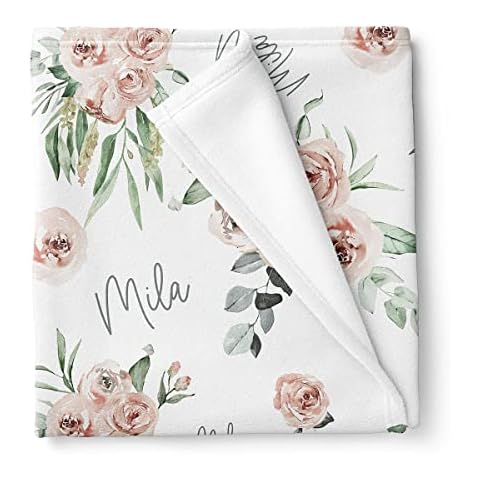Stork Wares Soft Floral Rose Personalized Baby Girl Swaddle Blanket, White, 30x40inch (BB339) Cover