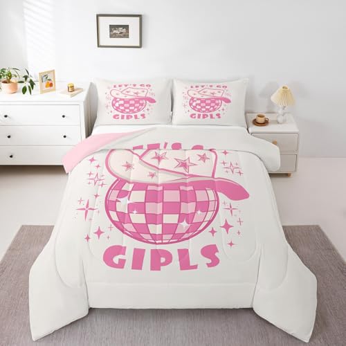 Juego de edredón rosa estilo vaquera, tamaño individual, juego de ropa de cama con sombrero de vaquero para adultos y adolescentes, edredón retro occidental de lujo, juego de edredón de vaquero