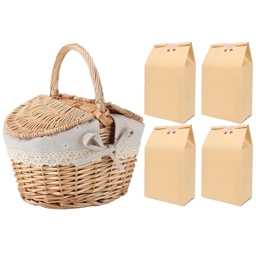 BEIJIALY Picnic Baskets with 50 pcs Paper Bag,Wicker Picnic Basket with Liner Split Lid Picnic Hamper Woven Baskets with Handles,Picnic Storage Basket, Bread Storage Basket