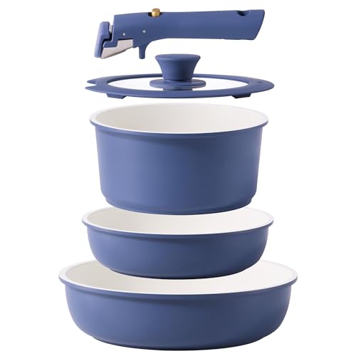 Image of CAROTE 5pcs Pots and Pans Set Non stick,Cookware Set Detachable Handle,kitchen essentials,RV kitchen pot and pan,Induction Cookware,Oven Safe,PFOA PFOS FREE,Blue