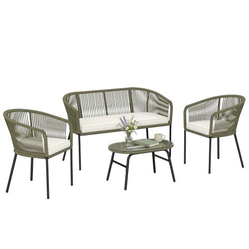 Outsunny Salon de Jardin Extérieur 4 Places - PP Rond Tressé avec Canapé 2 Places, 2 Fauteuils et Table Basse Verre Trempé - Mobilier de Jardin pour Balcon...