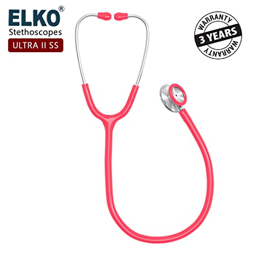 Image of ELKO EL-140 ULTRA II SS Stainless Steel Acoustic Stethoscope | For Doctors, Medical Students & Healthcare Professionals | Dual Head Chestpiece | 5.5mm Brass Pipe Frame | U-Shaped PVC Tubing (Pink)