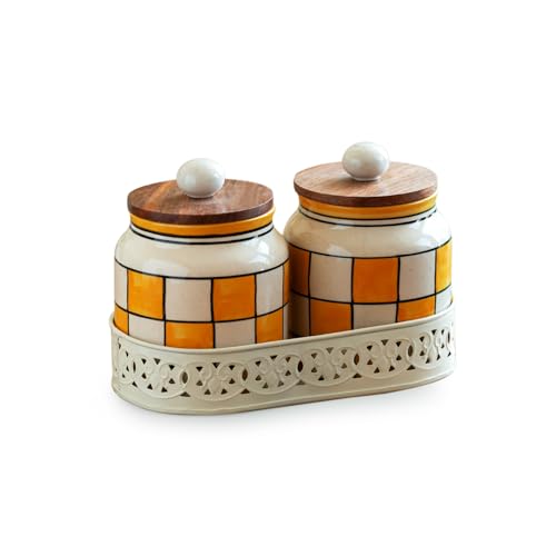 Image of ExclusiveLane 'Shatranj Checkered' Multi Utility Storage Ceramic Jars for Kitchen Storage with Iron Tray (Air-Tight, Set Of 2, 410 ml) | Ceramic Container with Tray Storage Jars