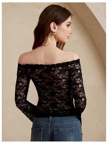 Women's Floral Lace T Shirt Off The Shoulder Long Sleeve Sheer Party Club Crop Tops2
