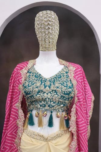 Image of Women Indo Western Dhoti Set with Blouse and Shrug Sequins Embroidery Bandhani Print Ethnic Wear