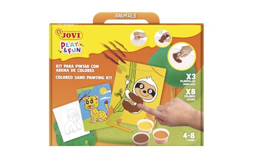 Jovi - Play&Fun - Set para pintar con arena de colores, 8 botes de arena y láminas para colorear animales, regalos y manualidades para niñas y niños a partir de 4 años (2101)