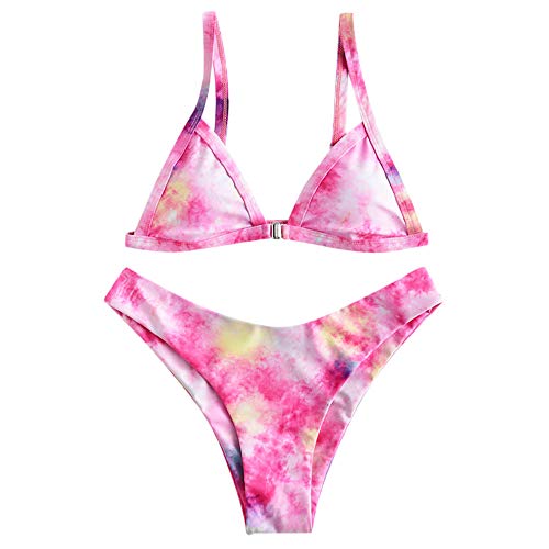ZAFUL Women s Straps Textured Ribbed Front Closure High Cut Bikini Set Swimsuit (ZB-Tie Dye Pink, L)