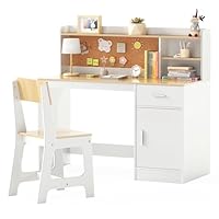 COSTWAY Kids Desk and Chair Set, Wooden Children School Study Table with Drawer, Bulletin Board, Hutch, Storage Shelves, Student Writing Desks for Reading Crafting (White+Natural)