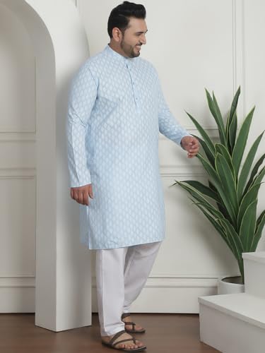 Image of SOJANYA Plus (Since 1958) Men's Cotton Blend Printed Kurta with White Churidar Pyjama