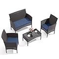 Gotland 4-Piece Outdoor Patio Furniture Set, Wicker Rattan Chairs & Sofa with Cushions and Glass Coffee Table, Conversation Set for Backyard, Lawn, Porch, Pool, Garden (Navy-2)
