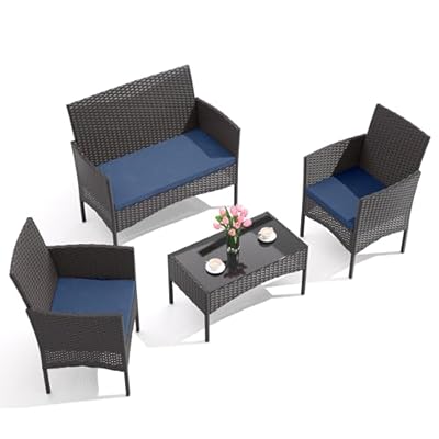 Gotland 4-Piece Outdoor Patio Furniture Set, Wicker Rattan Chairs & Sofa with Cushions and Glass Coffee Table, Conversation Set for Backyard, Lawn, Porch, Pool, Garden (Navy-2)
