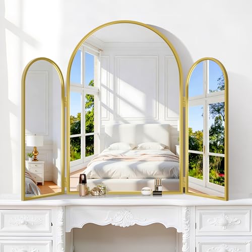 CRISMIR Trifold Vanity Mirror, 36x48Inch Arch Bathroom Vanity Mirrors with Gold Metal Frame, Foldable Wall Mounted 3 Way Mirror Make-up for Bedroom Dressing Desk Table