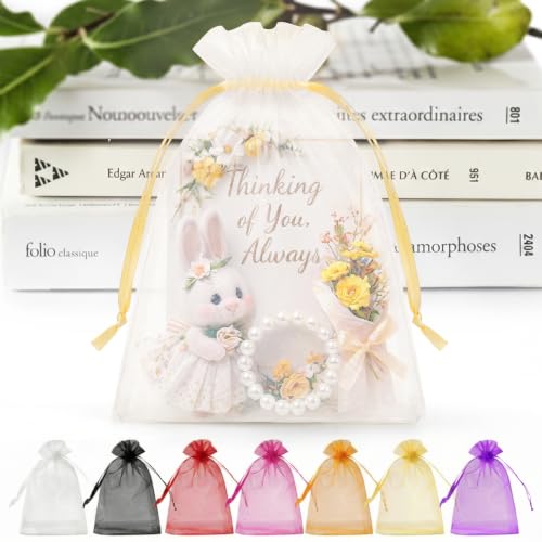 Image of ANZNKU 50 Pack Organza Bags 5 x 7 in White Small Mesh Gift Bags with Gold Drawstring for Wedding, Goodie Bag for Candy Jewelry Soap Makeup, Treat Sachet Pouch for Baby Shower Graduation