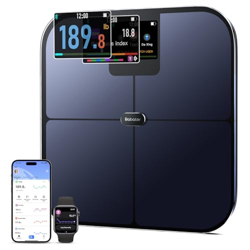Rabater Smart Scale with Large Color Display, Digital Bathroom Scale for Body Weight BMI Muscle Mass, 25 Composition, Body Fat Scale with Heart Rate, 11.8' Large Platform, 400 lbs (Black)