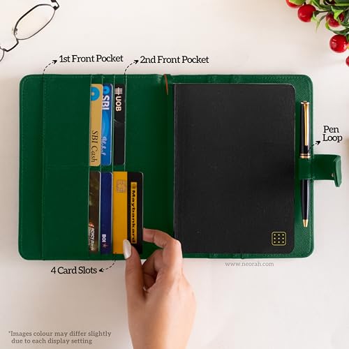Image of NEORAH - B6 Notebook SLEEVE with SNAP Button + Dotgrid JOURNAL | Faux Leather Sleeve + Penloop | 2 Front 1 Back compartment | 6 Card Slots -DARK GREEN