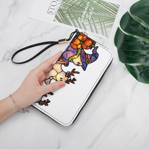Stained Glass Cute Small Ghosts with Reindeer PU Leather Clutch Long Bifold Wallet, Coin Purse Credit Pass Case, Durable Card-Holder Money Storage for Women Men4