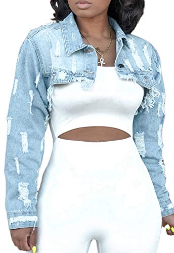 YouSexy Cropped Denim Jackets for Women Long Sleeve Destroyed Wash Jean Jackets