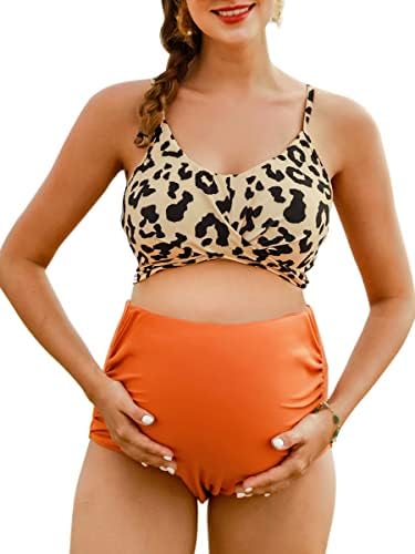 Women Criss Cross Maternity Bikini High Waist String Floral Two Piece Pregnancy Swimwear Orange Leopard X-Large