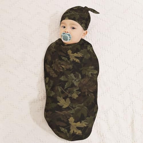 Image of Brown Camouflage Leaf Swaddle Blanket and Wrap Set with Beanie Hat - Soft Baby Receiving Blankets and Swaddle Blankets for Newborn Boys and Girls