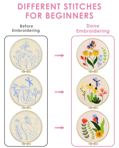 Image of TINDTOP Punch Needle Kits, Flowers Punch Embroidery Kits for Adults | 3 Sets , Tool with Punch Needle Fabric, Hoops, Yarns and Sewing Needles