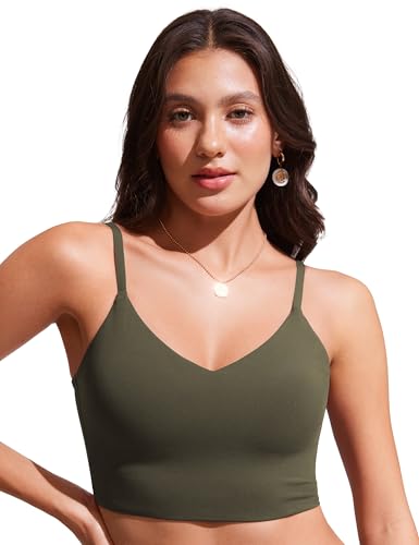 Image of CRZ YOGA V Shaped Longline Bikini Tops | Built-in Pads, A-D Cup, Cropped, Adjustable Spaghetti Straps, Swim, Bathing Suit for Women
