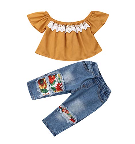 Image of Lefyira Toddler Baby Girl Jeans Outfits Off Shoulder Tube Top Ruffle Sunflower Shirt Ripped Jeans Denim Pant Summer Clothes