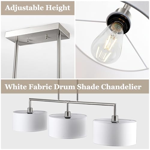 Image of 47 inch Linear Kitchen Island Lighting 3-Light Brushed Nickel Chandelier with White Fabric Drum Shade Adjustable Hanging Pendant Light for Dining Room Light Fixtures Over Table,Kitchen,Bar,Living Room,E26