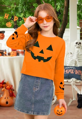 Image of BesserBay Girls Halloween Crop Tops Orange Print Spooky Shirt 6-14 Years