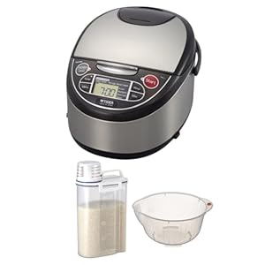 Tiger Stainless Steel/Black Rice Cooker – Microcomputer Controlled 10-Cup Rice Cooker and Warmer with Fuzzy Logic Technology Bundle with Rice Container Bin and Washing Bowl (3 Items)