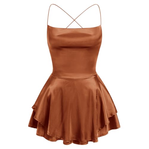 Image of AGYMNX Women Sexy Spaghetti Strap Satin Dress Sleeveless Low Cut Backless Short Romper Dress Party Jumpsuit Mini Sundress