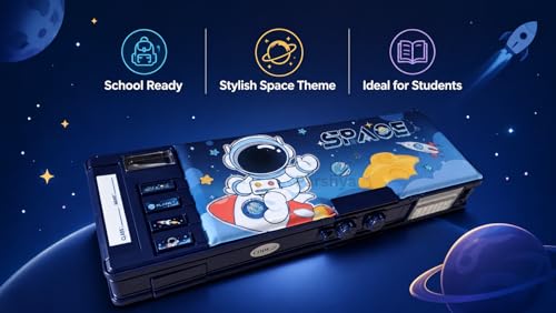 Image of Parshya Astronaut Laser Space Pencil Box with 2-Digit Password Lock for Boys; Multi-Functional Jumbo Compass Box with Pop-up Sharpener, Dual Side Compartments & Built-in Calendar