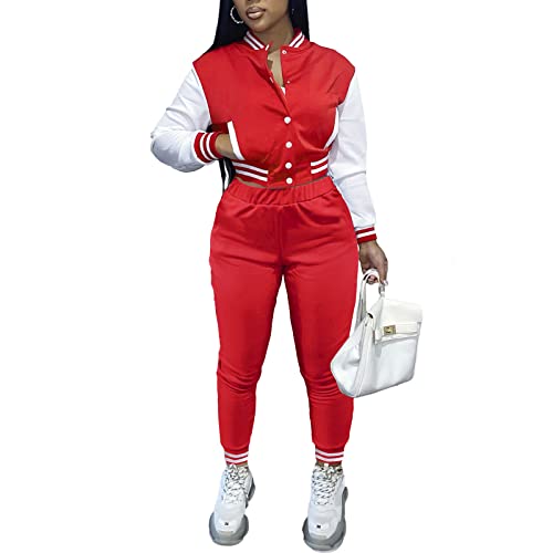 Magorange Women 2 Piece Outfits Sets Long Sleeve Varsity Jacket Patchwork Button Down Crop Top Sweatsuit Set Red #TOP23
