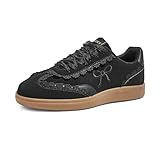 LUCKY STEP Women’s Lace Detail Casual Sneakers Organza Ribbon Lace-Up Fashion Vintage Gum Sole Trendy Cute Shoes(Black,7)